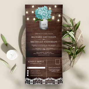 Teal Hydrangea Mason Jar String Lights Wedding Tri-Fold Invitation