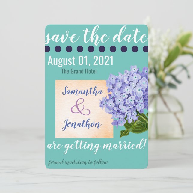 Teal Hydrangea Save the Date Wedding Card (Standing Front)