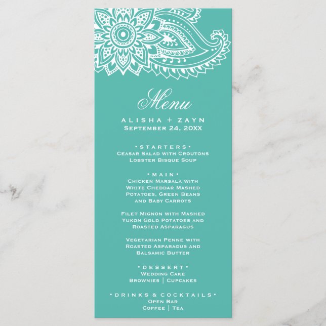 Teal Indian Paisley Dinner Menu Card (Front)