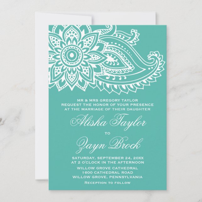 Teal Indian Paisley Formal Wedding Invitation (Front)
