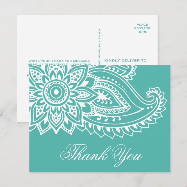 Teal Indian Paisley Thank You Postcard (Front/Back)