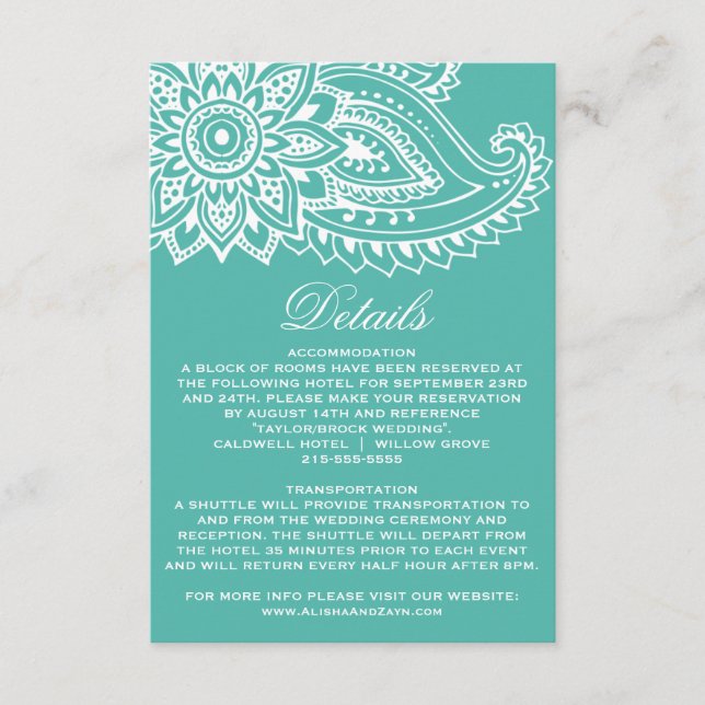 Teal Indian Paisley Wedding Details Insert Card (Front)