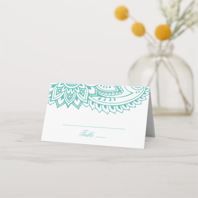Teal Indian Paisley Wedding Place Card (Front)