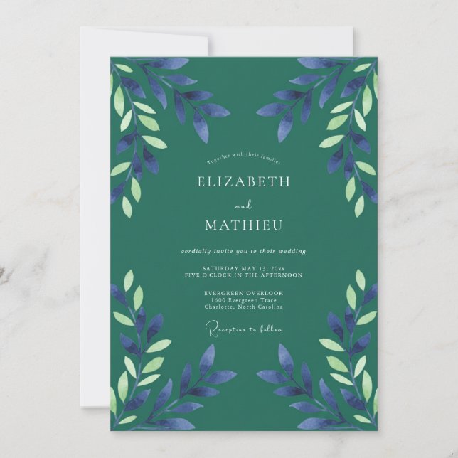 Teal Indigo Foliage Eucalyptus Wedding Invitation (Front)