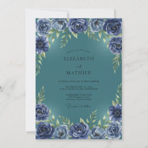Teal Indigo Ranunculus Eucalyptus Wedding Invitation