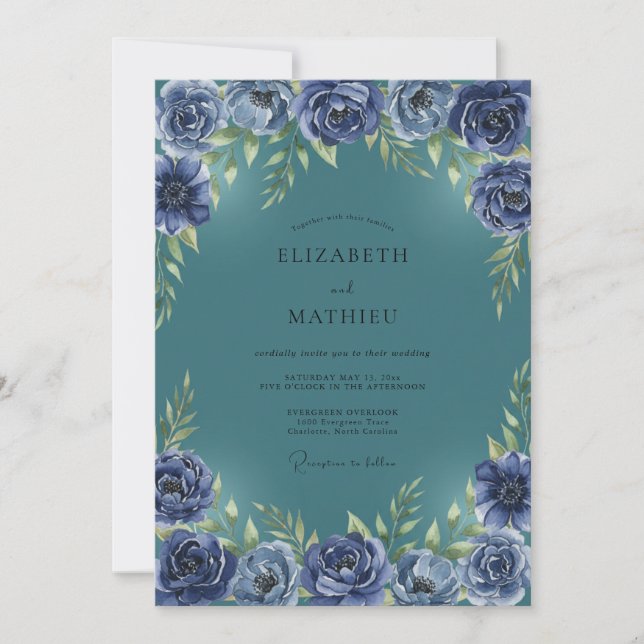 Teal Indigo Ranunculus Eucalyptus Wedding Invitation (Front)
