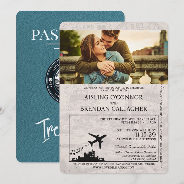 Teal Ireland Passport Wedding Invitation (Front/Back)