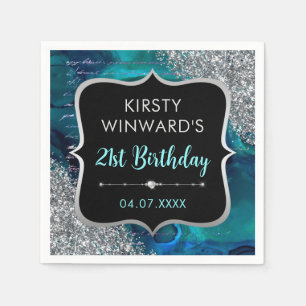 Teal Iridescent Glitter Mermaid Letters Birthday Napkin
