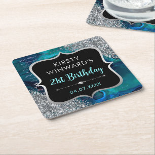 Teal Iridescent Glitter Mermaid Letters Birthday Square Paper Coaster