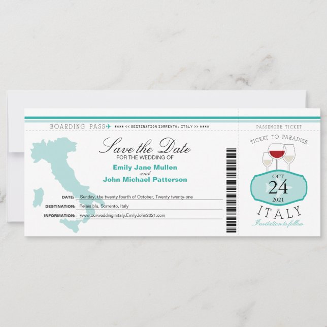 Teal Italy Boarding Pass Wedding Invitation (Front)