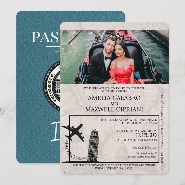 Teal Italy Passport Wedding Invitation (Front/Back)