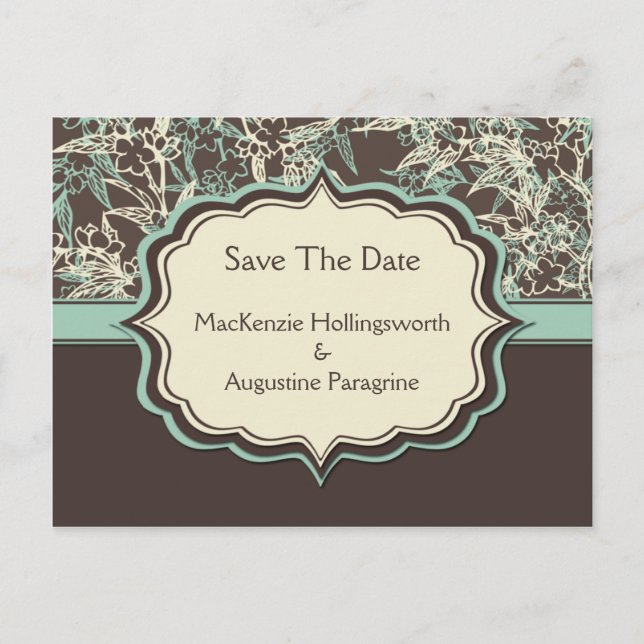 Teal Ivory Brown Floral Save The Date Announcement Postcard (Front)