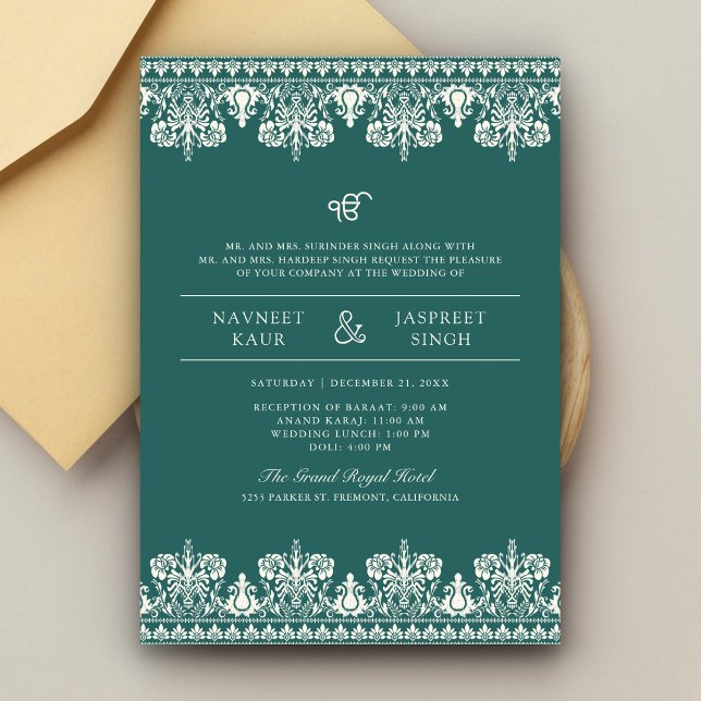 Teal Ivory Damask Border Anand Karaj Sikh Wedding Invitation (Creator Uploaded)