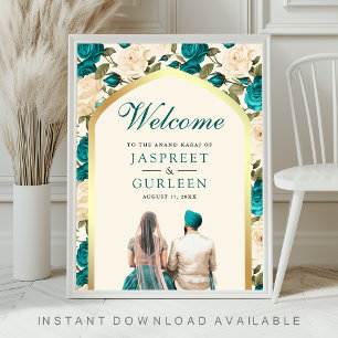 Teal Ivory Floral Anand Karaj Wedding Welcome Sign