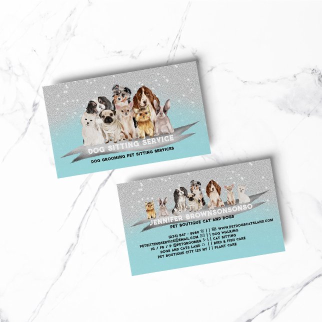 Teal Ivory Sparkle Petsitter Dog Walker Business Card (pet animal dog cat veterinary farm)