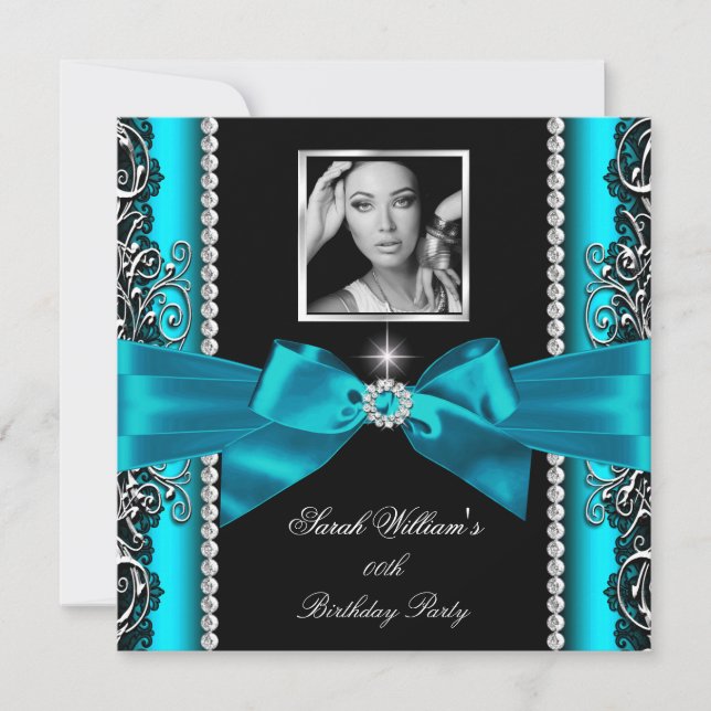 Teal Jade Bow Birthday Party Black Silver Photo Invitation (Front)