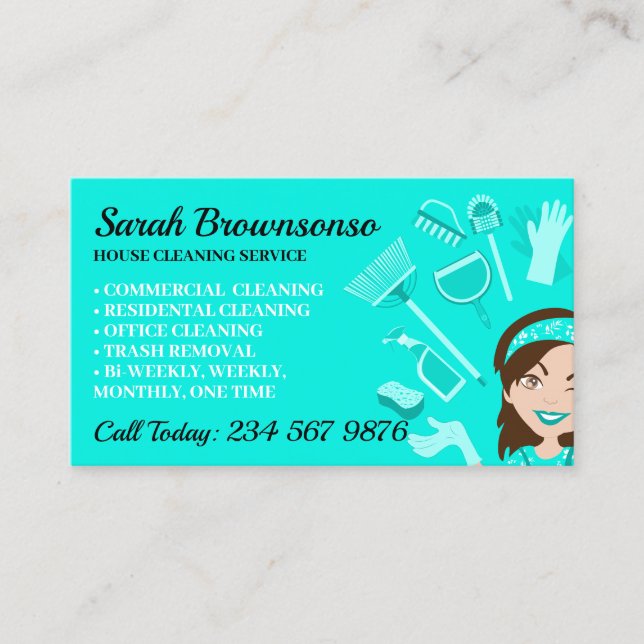 Teal Janitorial cleaning repair maintenance Lady Business Card (Front)