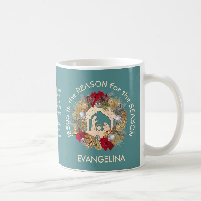 Teal JESUS IS THE REASON Christmas Coffee Mug (Right)