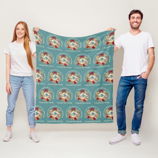Teal JESUS IS THE REASON Christmas Wreath Nativity Fleece Blanket (In Situ)