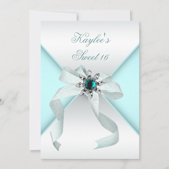Teal Jewel Bow Pretty White Sweet Sixteen Party Invitation (Front)