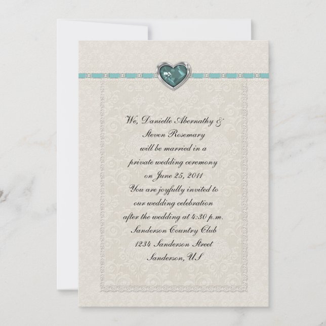 Teal Jewel Heart Ribbons & Lace Post Wedding Invitation (Front)