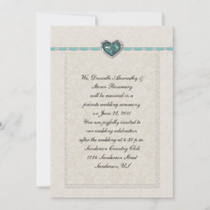 Teal Jewel Heart Ribbons & Lace Post Wedding Invitation