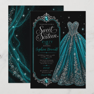 Teal Jewel Sweet 16 Birthday Dress Invitation