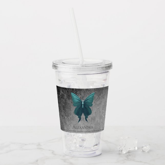 Teal Jewelled Butterfly Acrylic Tumbler (Front Ice)