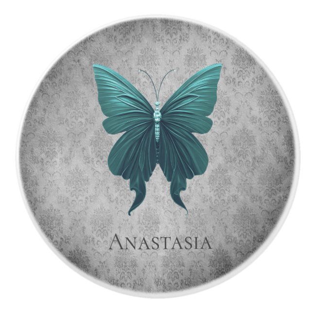 Teal Jewelled Butterfly Ceramic Knob (Front)