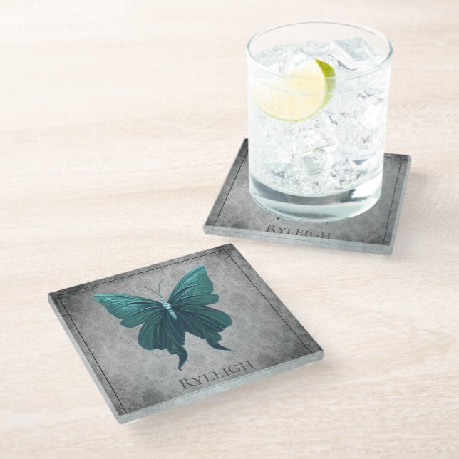 Teal Jewelled Butterfly Glass Coaster (Angled)
