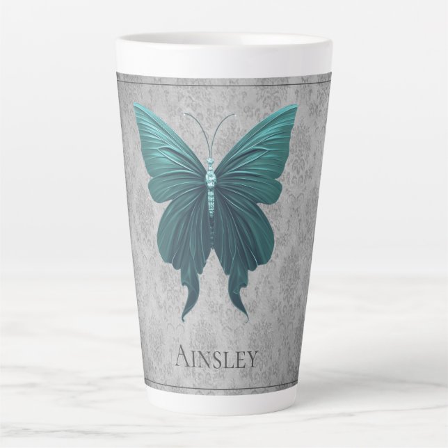 Teal Jewelled Butterfly Latte Mug (Front)