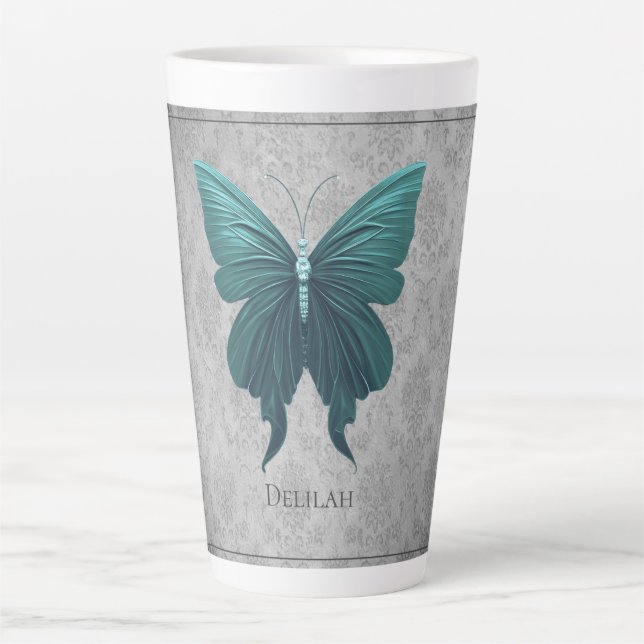 Teal Jewelled Butterfly Latte Mug (Front)