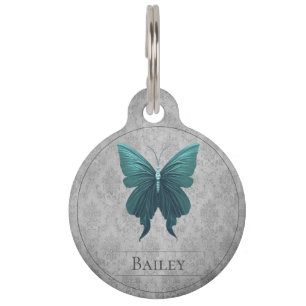 Teal Jewelled Butterfly Round Pet Tag