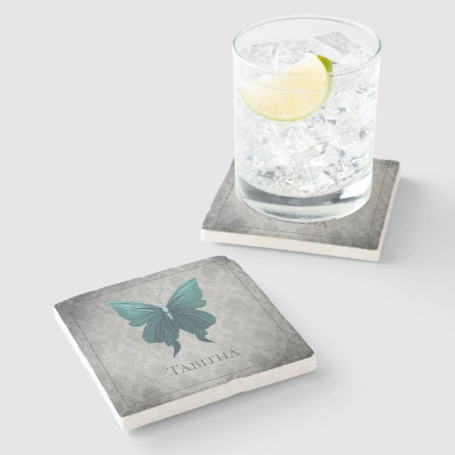 Teal Jewelled Butterfly Stone Coaster (Side)