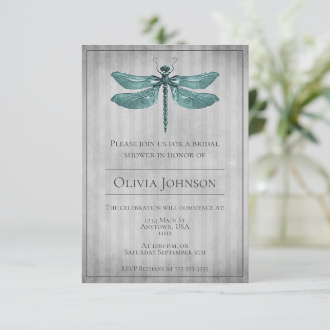 Teal Jewelled Dragonfly Bridal Shower Invitation (Standing Front)
