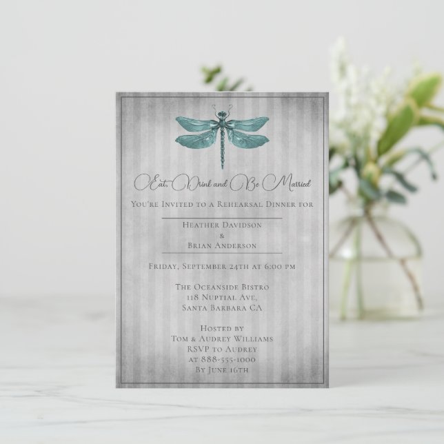 Teal Jewelled Dragonfly Rehearsal Dinner Invitation (Standing Front)