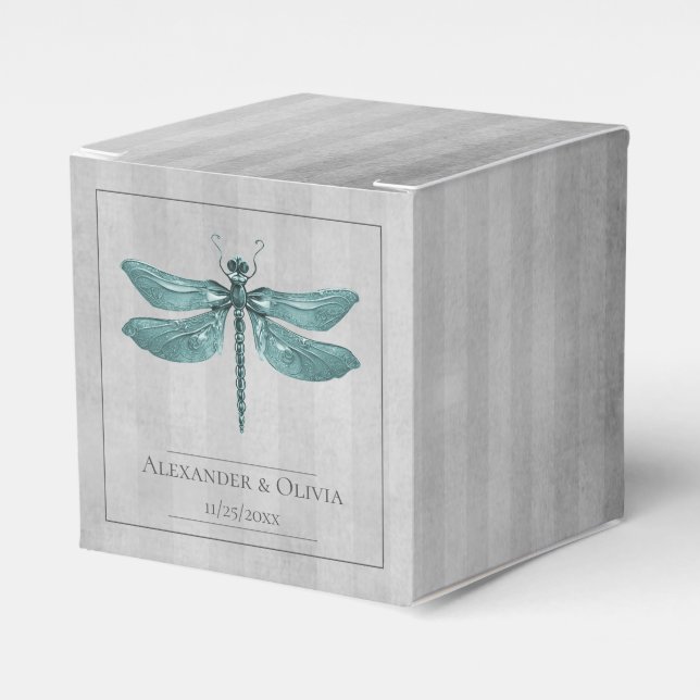 Teal Jewelled Dragonfly Wedding Favour Box (Front Side)