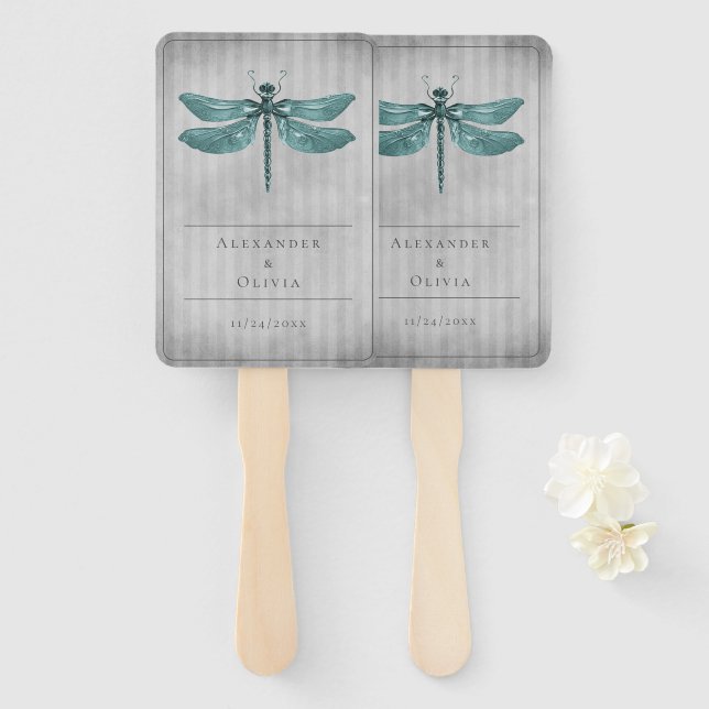 Teal Jewelled Dragonfly Wedding Favour Hand Fan (Front and Back)