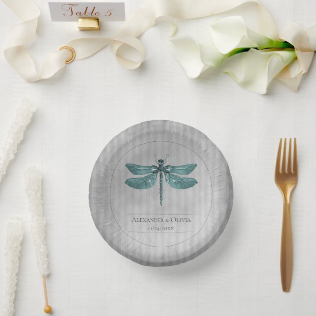 Teal Jewelled Dragonfly Wedding Paper Plate (Wedding)
