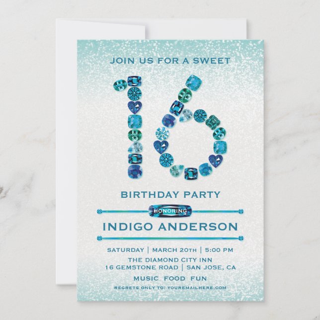 Teal Jewels Sweet 16 Birthday Party Invitations (Front)