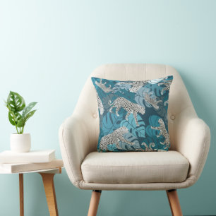 Teal Jungle Leopard and Tropical Monstera Leaves Cushion