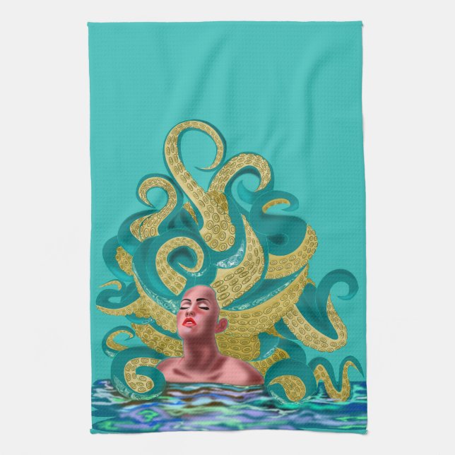Teal Kitchen Towel with Octopus Woman (Vertical)