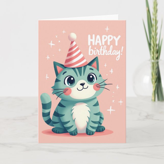 Teal Kitty Birthday Card (Front)