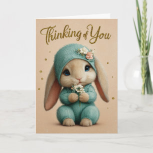 Teal Knit Baby Bunny Thinking of You Card