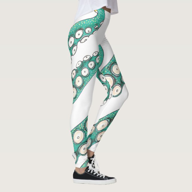 Teal Kraken Octopus Tentacles Ink Art Leggings (Right)
