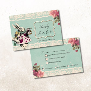 Teal Lace Alice in Wonderland Wedding RSVP Card