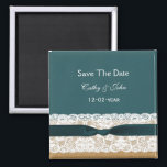Teal Lace and Burlap Wedding Magnet<br><div class="desc">Teal Lace and Burlap Wedding Design

DISCLAIMER: the lace,  ribbon and Burlap is FAUX and just a printed design,  no real materials are used</div>