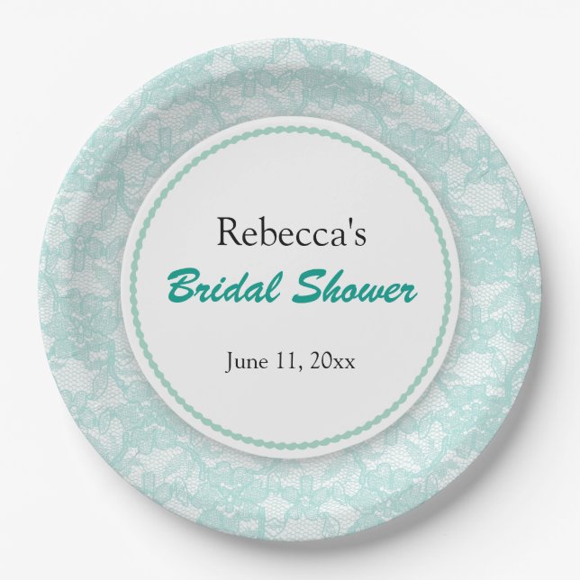 Teal Lace Personalised Bridal Shower Paper Plate (Front)