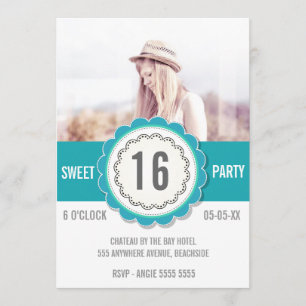Teal Lace Photo Sweet 16 Birthday Party Invite