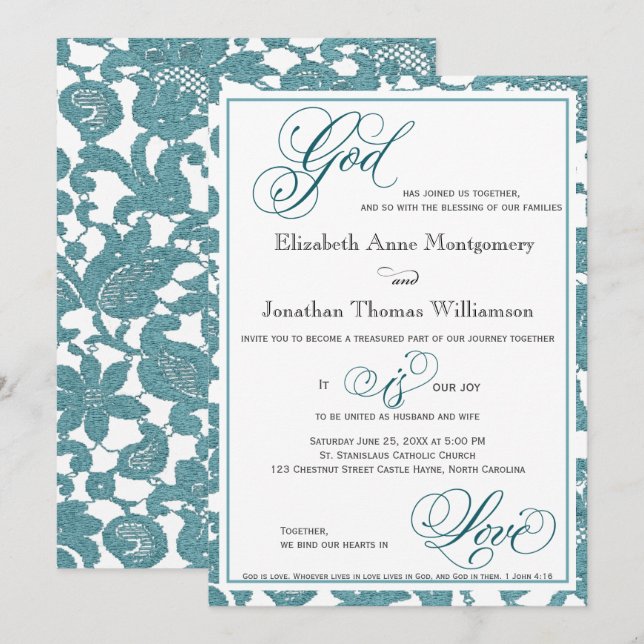 Teal Lace Religious Wedding Invitation (Front/Back)